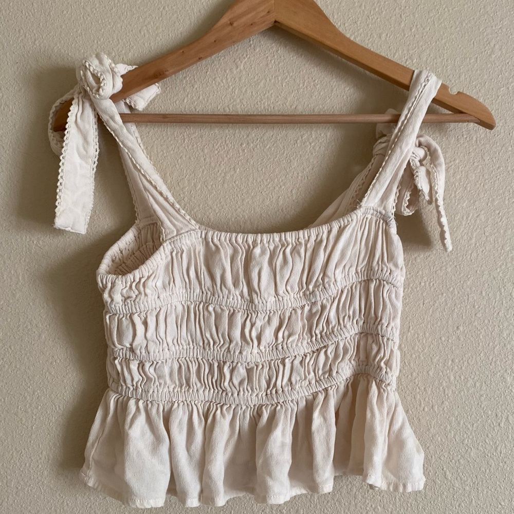 Chelsea & Violet Smocked Peplum Tank Top Ivory Tie Strap